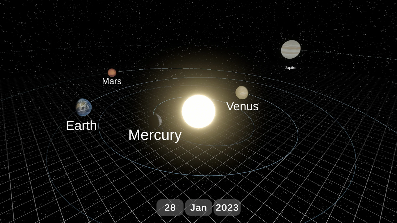 SolarGaze prototype showing the Sun, planetary orbits and labelled planets